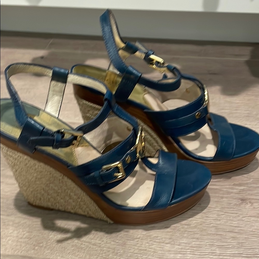 Michael Kors Blue Wedge Sandals with Gold Hardware